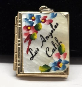 Vintage Los Angeles CA Photo Book Locket Pendant MOP Flowers Souvenir Charm 1" - Picture 1 of 18