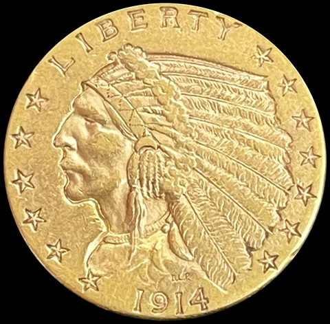 1914 GOLD UNITED STATES $2.5 DOLLAR INDIAN HEAD QUARTER EAGLE COIN Cover