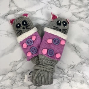 Novelty Animal Mittens Hand Crocheted Kids Junior Girls Cat Grey Pink Buttons - Picture 1 of 2