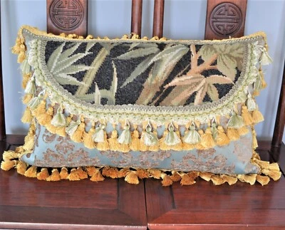 Wool Needlepoint Pillow Cover Custom Made Black Cushion 16x24 w Bamboo Leaves - Image 1 of 4