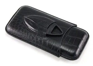 Black Leather Croco Embossed 3 Tube Cigar Case & Plastic Cutter Set - Picture 1 of 3