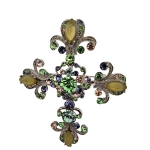 Rhinestone Cross Brooch Green Lavender pink Silver Vintage USA Whimsygoth - Picture 1 of 3