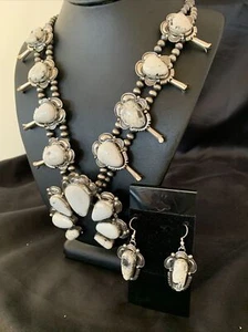 Navajo weiße Büffel türkis Sterling Kürbisblüte Halskette Naja 10957 - Bild 1 von 12