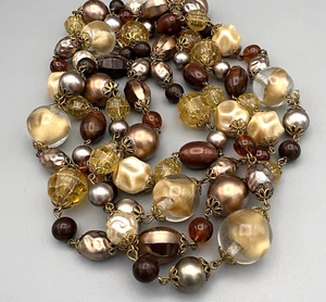 Vintage Germany Necklace Art Glass Beaded Brown Cream 54" - Picture 1 of 6