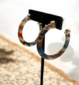 Vibrant Multicolor Acrylic Hoop Earrings with Gold-Tone Accents Marbled Look - Picture 1 of 7
