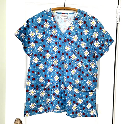 Scrub Top Lady Bug Ladybug Daisy Amanda Scrubs Sz LG Blue Red Yellow - Image 1 of 4