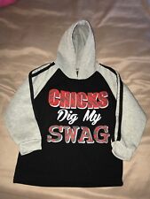 canopy fleece pullover sweater 4T, Black and Grey, read "Chicks Dig My Swag"