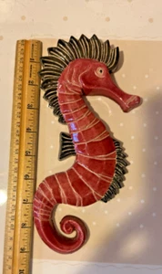 Vintage Artist Made Slab Pottery Large Pink Black Textured Seahorse Wall Plaque - Picture 1 of 7