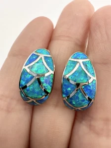925 Sterling Silver Oval Opal Inlay Post Earrings  - Picture 1 of 7