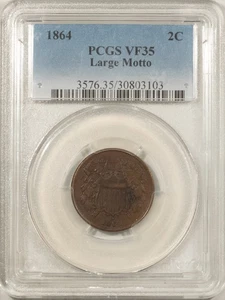1864 TWO CENT PIECE, LARGE MOTTO - PCGS VF-35, NICE CIRC! - Picture 1 of 3