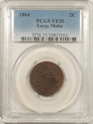 1864 TWO CENT PIECE, LARGE MOTTO - PCGS VF-35, NICE CIRC! - Image 1 of 3