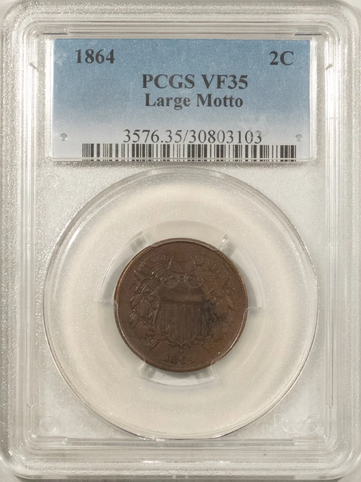 1864 TWO CENT PIECE, LARGE MOTTO - PCGS VF-35, NICE CIRC! - Image 1 of 3