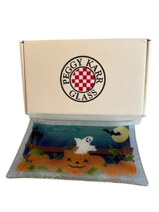 Peggy Karr Halloween Fused Glass Plate Ghost & Pumpkins 10" x 6" Rectangular - Picture 1 of 8