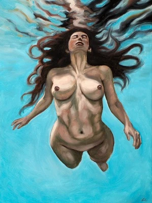 Figura Desnuda Original Pintura al Óleo, Mujer Bajo el Agua, Arte Contemporáneo Azul Océano Foto 1 de 4