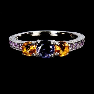 Anel de prata esterlina 925 redondo iolita 5 mm ametista citrino joia de pedra preciosa tamanho 8 - Imagem 1 de 4