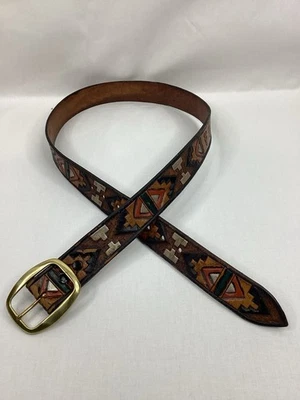 "Cinturón vaquero occidental vintage cuero marrón pintado a mano talla 34"" a 40""" Foto 1 de 4
