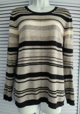 Suéter Charter Club Pure Cashmere listrado clássico cinza preto combo gola redonda G - Imagem 1 de 4