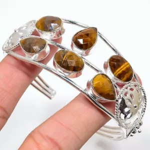 Natural Tiger's Eye Gemstone Handmade 925 Sterling Silver Jewelry Bangle Sz 7-8 - Picture 1 of 1