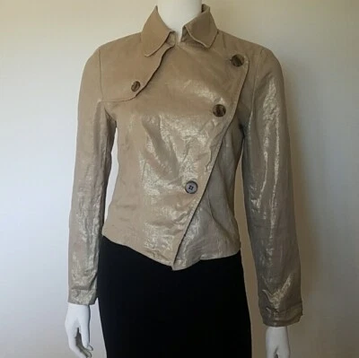 Chaqueta de Lino Alfani Para Mujer 14P Dorado Metálico Moto Boho Retro Años 90 Y2K Foto 1 de 4