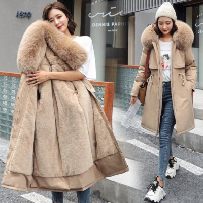 Women's Parka Hooded Fleece Padded Winter Warm Coat Thicken Fur Jacket Outwear - Image 1 of 4