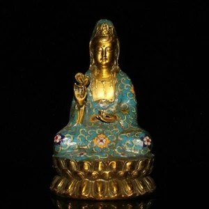 delicate antique China Gold plating on brass Cloisonne Guanyin statue - Picture 1 of 9