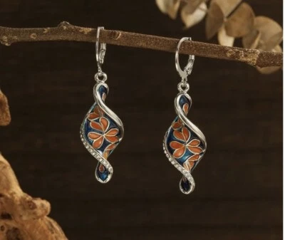 Madewell 花卉扭转耳环珐琅图案落叶银色橙色波西米亚复古 — 第 1/4 张图片