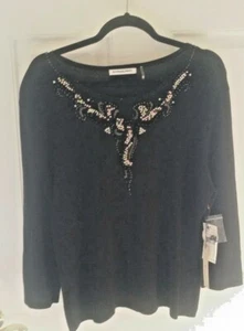 HANNAH JONES New York WOMEN'S Black BEADED Pullover SWEATER XL New ~ FREE SHIP! - Picture 1 of 6