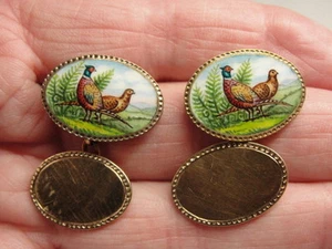 Hunters Estate 9K Gold Hand-Painted Enamelled Pheasant Scene Cufflinks - Imagen 1 de 9
