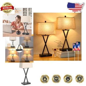 Elegant Set of 2 3-Way Dimmable Nightstand Lamps with USB Charging - Cream Shade - Picture 1 of 10