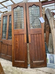 VICTORIAN PAIR of GOTHIC DOORS - PITCH PINE, ANTIQUE RECLAIMED, Leaded GLASS - Picture 1 of 12