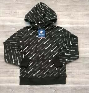 New! Boy's Champion Black All Over Logo Hoodie Sweatshirt 5/6 7/8 10/12 14/16 - Picture 1 of 2