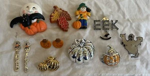 Vintage Halloween Schmuck Jack-O-Lantern Kürbis EEK Pins Ohrringe Geist Mond - Bild 1 von 7