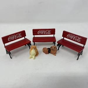 Three 1993 Coca-Cola Town Square Collection Christmas Village Park Bench +Dogs - Picture 1 of 15