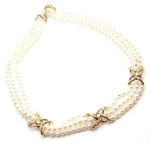 Authentic! Tiffany & Co 18k Yellow Gold Diamond 3 Strand Pearl Necklace - Picture 1 of 10