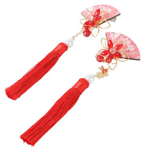  2 Pcs Red Fabric Fan Flower Hair Clip Child Accessories Chinese New Year