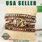 High Quality Leather Boho Wrap Bracelet Dalmatian Jasper Healing Stone Cuff A5