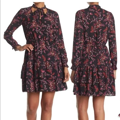 Nanette Lepore Black Floral Tie Neck Ruffle Long Sleeve Shirt Dress Size 4 NWOT - Image 1 of 4