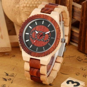 Men's Quartz Wood Watch Wooden Quartz Analog Watches Luminous Hands Bamboo Strap - Picture 1 of 9