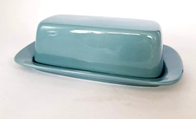 10 Strawberry Street Covered Ceramic Butter Dish With Lid Aqua Teal Blue 8 1/4" - Image 1 of 4
