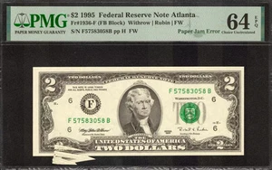1995 $2 FEDERAL RESERVE NOTE ATLANTA FR.1936-F PMG CU 64 PAPER JAM ERROR (058B) - Picture 1 of 2