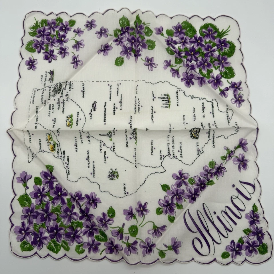 De colección ILLINOIS Franshaw Souvenir Mapa Estatal Hanky~Hankie~Bordes Festoneados Foto 1 de 1