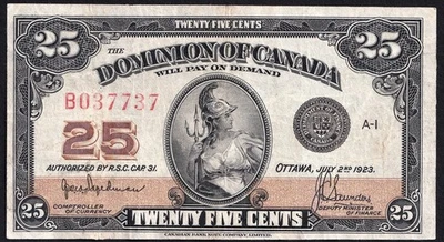 1923 Dominion of Canada 25c Twenty Five Cent Shinplaster Hyndman Saunders "B" - Image 1 of 2