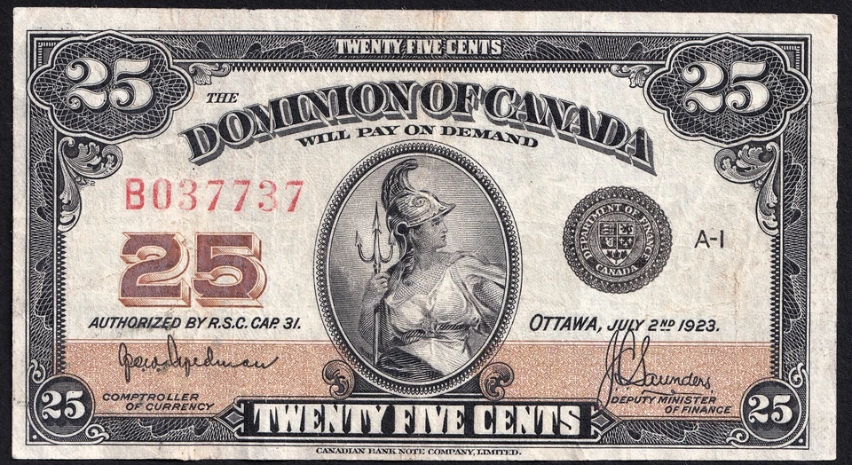 1923 Dominion of Canada 25c Twenty Five Cent Shinplaster Hyndman Saunders "B" - Image 1 of 2