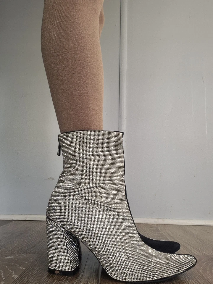 Блестящий блок каблука ботильоны с стороны молнии женщин размер 9 замшевые стразы - Изображение 1 из 4