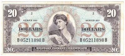 Vietnam US Military Payment Certificate 20 Dollars Series 661 Serial # B 05211 B - Image 1 of 2