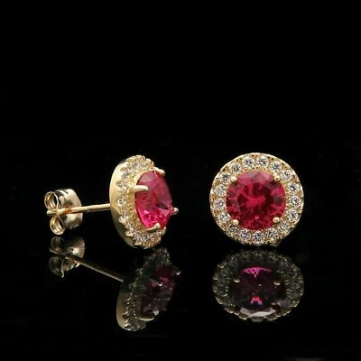 14k Yellow Gold Plated 2.20Ct Ruby Lab Created Diamond Halo Stud Women Earrings - Image 1 of 4
