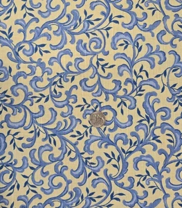 Spectrum Fabrics Cream/Yellow Blue Vine Leaf Scroll Upholstery Fabric 3.9 yds - Picture 1 of 2