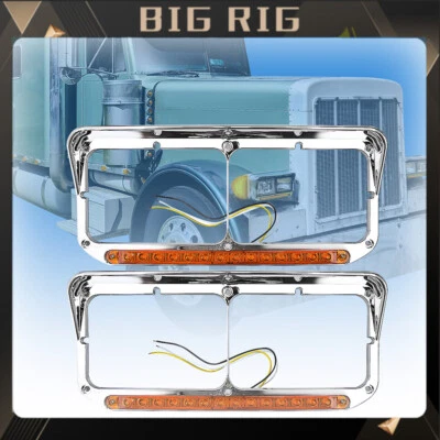 12" Pair Chrome Headlight Bezels w/Amber LED Bar+Lens Fit Peterbilt 378 379 - Image 1 of 4