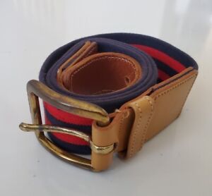 Coach 5506 Elastic Canvas Striped Red & Blue Mens Belt 34-36" Solid Brass Buckle