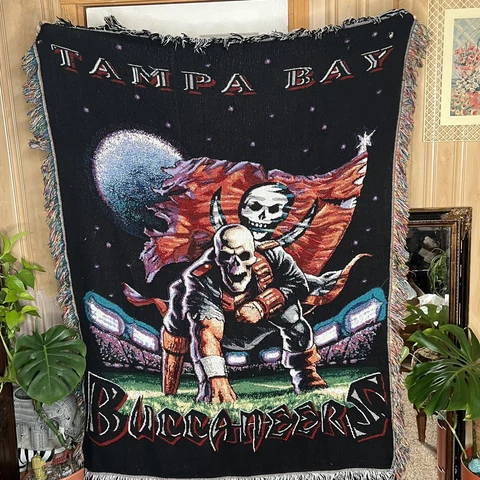 Vtg NFL Tampa Bay Buccaneers Football Tapestry Throw Blanket 45x59 USA Fringed Cover